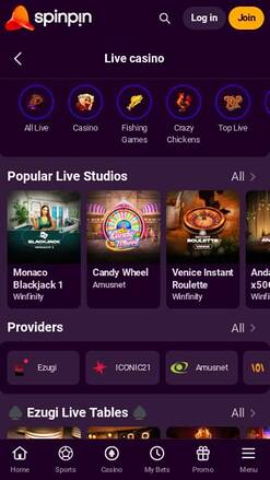 Live mobile page screenshot of SpinPin Casino