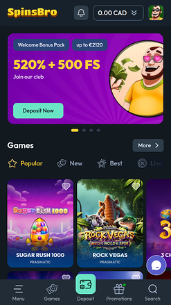 Spinsbro Casino Mobile Homepage
