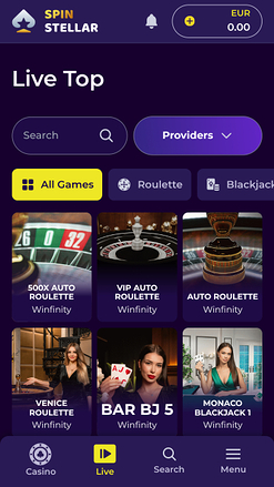 Casino mobile Spinstellar avec croupier en direct