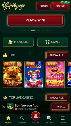 Página inicial do Spinvoyage Casino para dispositivos móveis