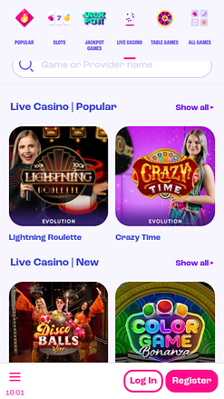 Casino móvil con crupier en vivo de Spinz