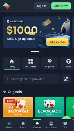 Page d'accueil mobile du casino Sportbet