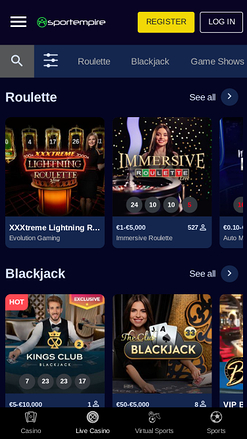 Casino SportEmpire Mobile avec croupier en direct