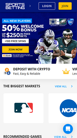 Page d'accueil mobile du casino de paris sportifs