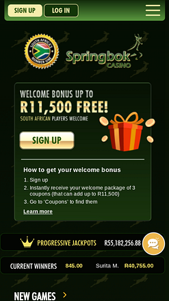 Página inicial do Springbok Casino para dispositivos móveis