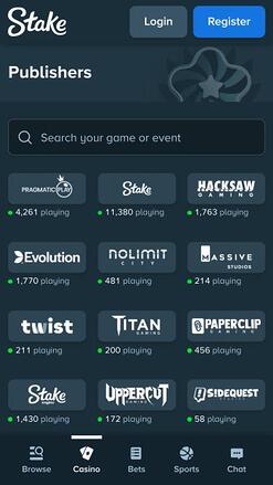 Stake Casino game developers mobile page