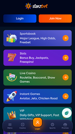 Pagina iniziale mobile di Starzbet Casino