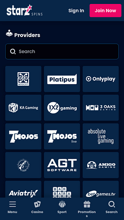 StarzSpins Casino Mobile Game Developers