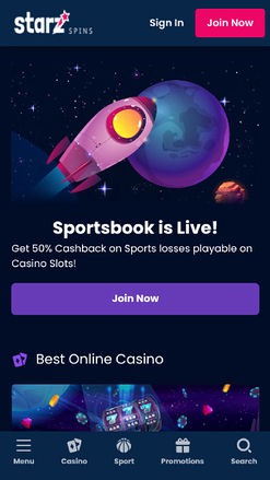 Homepage screenshot of StarzSpins Casino for Mobile