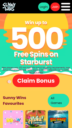 Мобильная главная страница Sunny Wins