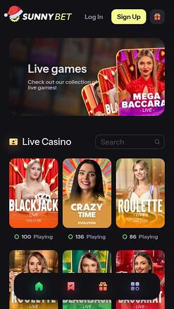 SunnyBet Casino Live-Dealer Mobil