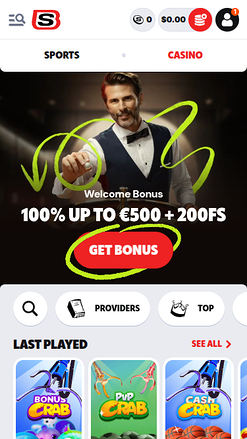 Page d’accueil mobile de Supabet Casino