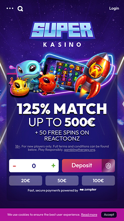 Page d'accueil mobile du casino Superkasino