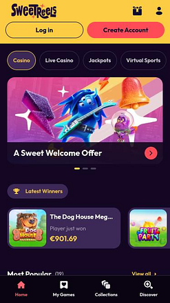 Página de inicio móvil del casino SweetReels