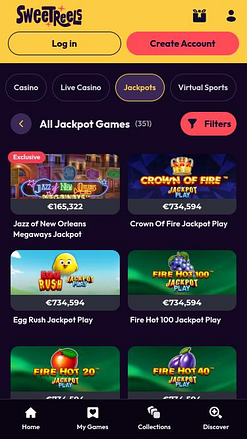 Página móvil del jackpot del casino SweetReels