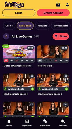 Página móvil del casino SweetReels con crupier en vivo