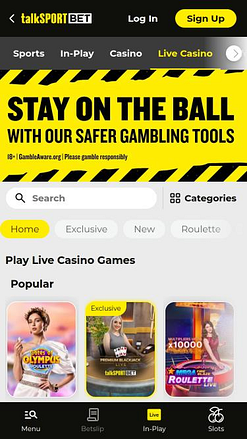 talkSPORT BET Casino live dealer mobile page