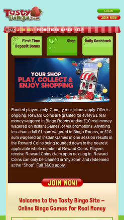 Page d'accueil mobile de Tasty Bingo