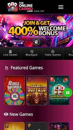 الصفحة الرئيسية لموقع TheOnlineCasino على الهاتف المحمول