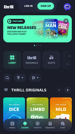 Page d'accueil mobile de Thrill Casino