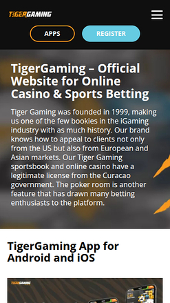 Page d'accueil mobile de TigerGaming Casino