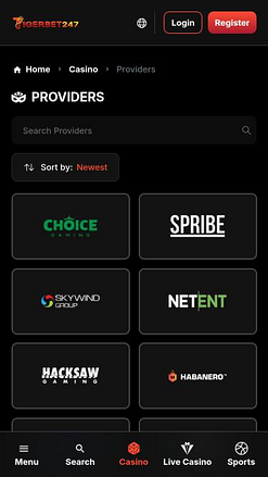 Мобильная страница разработчиков игр казино TigerBet247