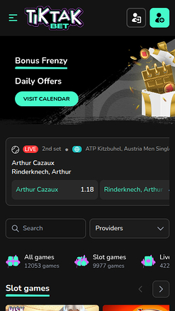 TikTak Bet Casino mobile Startseite