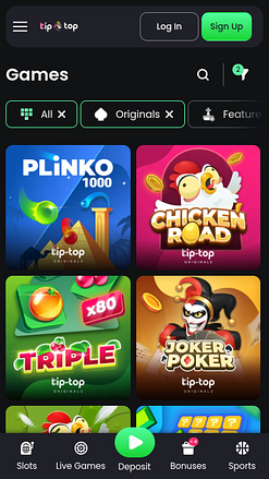 Schermata della pagina mobile dei giochi di TipTop Casino