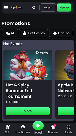 Screenshot della pagina mobile delle promozioni di TipTop Casino