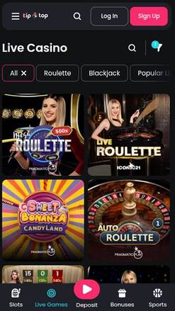 Live mobile page screenshot of TipTop Casino