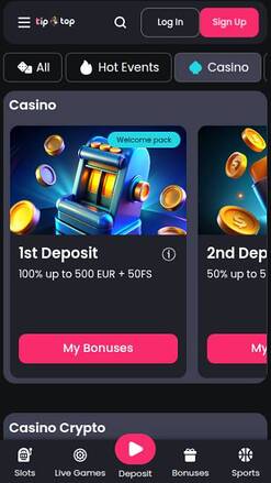 Promotions mobile page screenshot of TipTop Casino