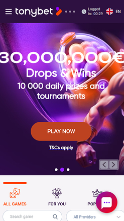 Page d'accueil mobile de TonyBet Casino