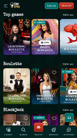 TonySpins Casino Mobile с живыми дилерами