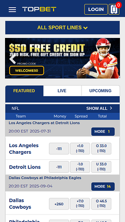 Página de inicio móvil de TopBet Casino