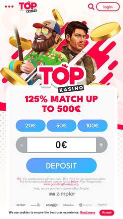 Page d'accueil mobile du casino Topkasino