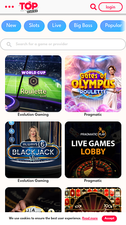 Casino mobile Topkasino avec croupier en direct