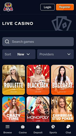Página móvil del casino con crupier en vivo Toshi.bet