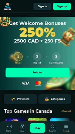 Page d'accueil mobile de Trip2Vip Casino