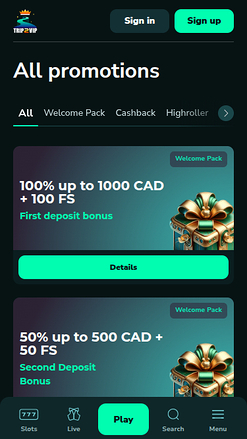 Promotions mobiles de Trip2Vip Casino