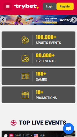 Page d'accueil mobile de Trybet Casino