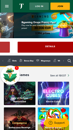 Page d'accueil mobile de TuskCasino