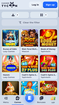 Page mobile des jeux Tycoon Casino