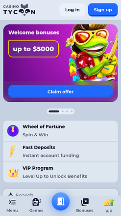 Page d'accueil mobile de Tycoon Casino