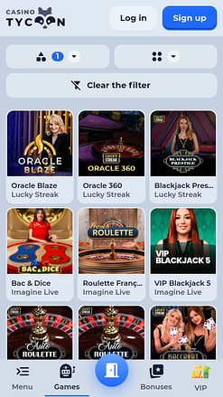 Page mobile du casino Tycoon avec croupiers en direct