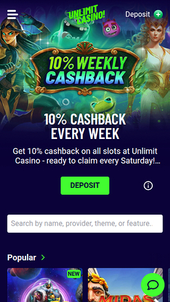 Página de inicio móvil de Unlimit Casino