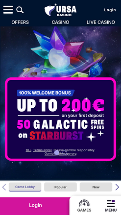 Page d'accueil mobile d'Ursa Casino