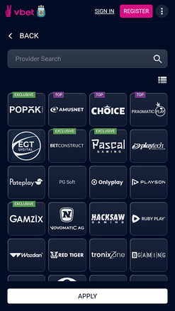 Desarrolladores de juegos móviles de Vbet Casino