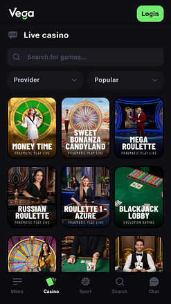 Casino móvil VegaBet con crupier en vivo