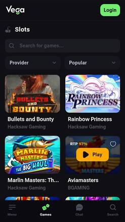 Screenshot der Seite „Mobile Spiele“ von VegaBet Casino