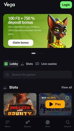 Screenshot der mobilen Startseite von VegaBet Casino